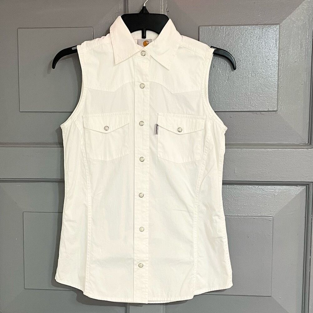 Carhartt Woman’s Sleeveless White Snap Closure Collared White‎ Work Shirt NWT Sz